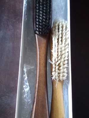 Vintage clothing brushes used, set of two with leather and metal handles