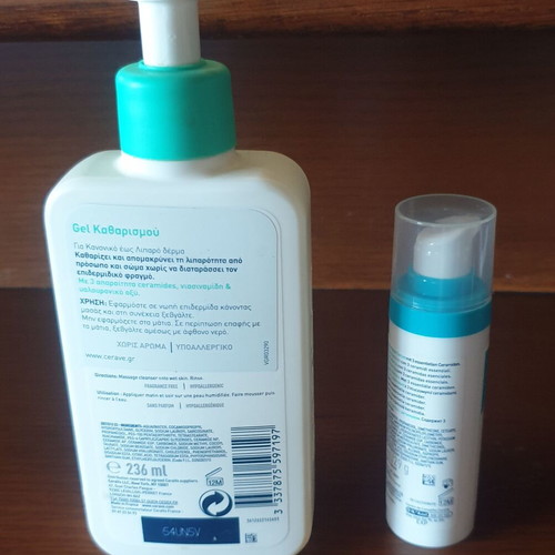 Cerave facial care gel cleanser and serum used