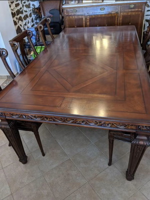 Wooden carved solid walnut dining table with 8 leather and wood chairs, like new