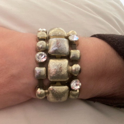 Vintage bracelet used, leather, metal, rhinestones, green and gold