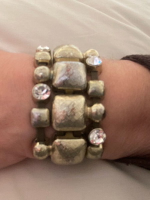 Vintage bracelet used, leather, metal, rhinestones, green and gold