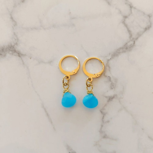 Stainless Steel Hoop Earrings with Turquoise Jade Beads, Handmade