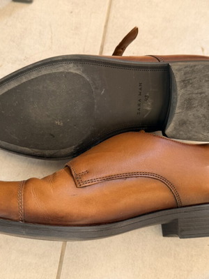 Zara Man leather double monk strap shoes, brown, size 43