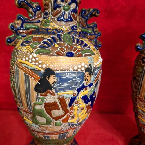 Satsuma vases used, set of 2, Japan, antique with minor rim damage