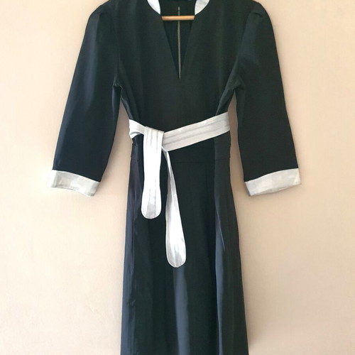 Axara Paris elegant black dress with white belt and pocket, like new, size L/XL