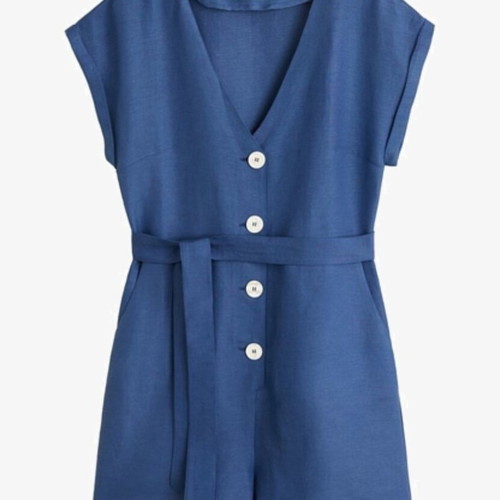 Mango Linen Blend Romper Size M Blue Belted Jumpsuit Excellent Condition