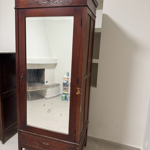 Vintage wooden single-door wardrobe with large mirror