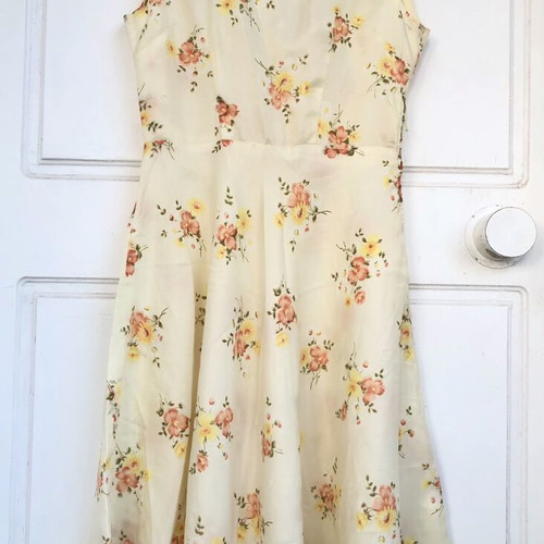 Vintage floral dress used, small, yellow cream, handmade