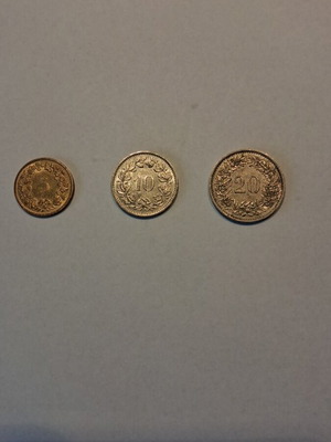 Swiss coin set used, 5 10 and 20 Rappen Centimes