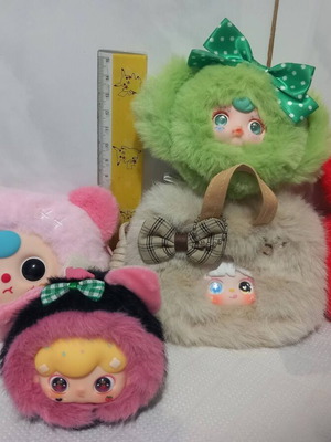 Set of 5 small plush toys keychains with baby animals, including rabbit, bear, cat