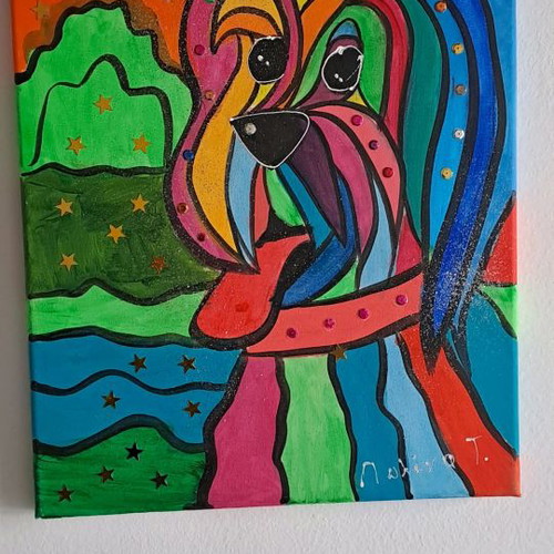 Painted canvas used with dog motif, 40x30 cm