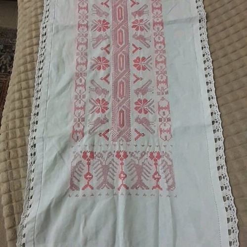 Cross Stitch Embroidery Table Linen handmade, vintage, 99 cm