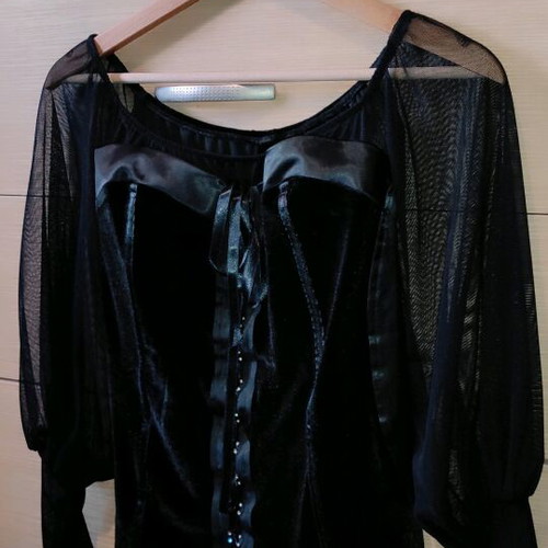 Black evening blouse like new, smile neckline with sheer sleeves
