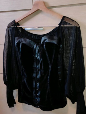 Black evening blouse like new, smile neckline with sheer sleeves
