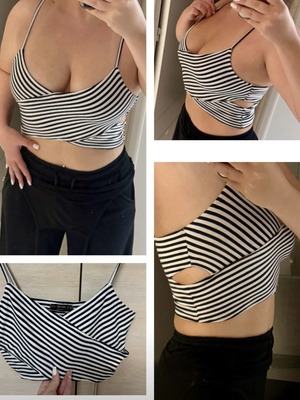 Bershka ριγέ βαμβακερό τιραντάκι crop top με κοψίματα μαύρο και άσπρο