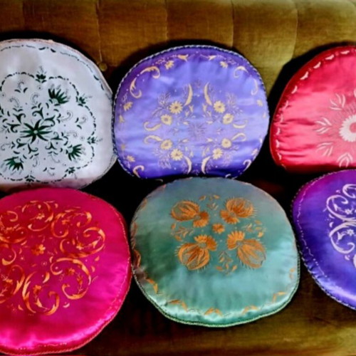 Set of two retro embroidered satin decorative pillows like new