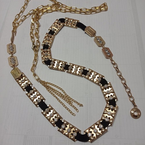 Women's chain belt used, adjustable, gold metal with black fabric and rhinestones