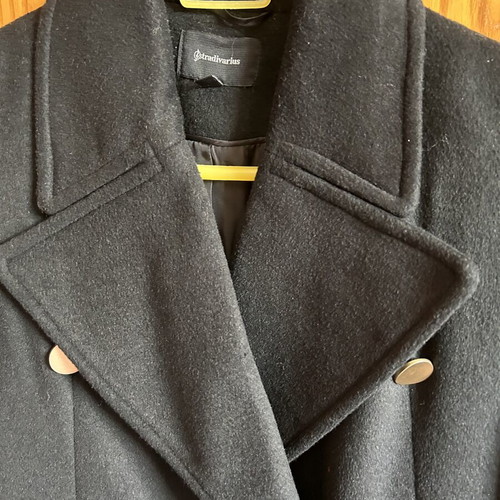Stradivarius black coat, medium size, knee-length, gold buttons