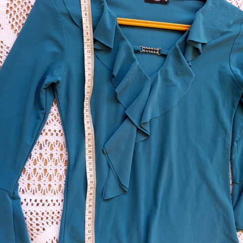 Blouse for girl size S used, shiny petrol fabric, short length