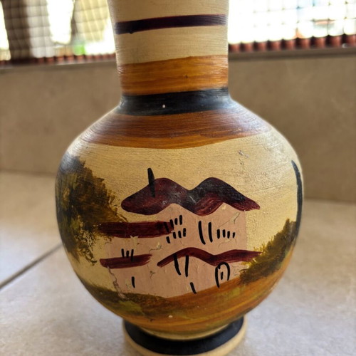 Vintage Handmade Clay Vase with Hand-Painted Landscape used