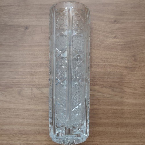Vintage Bohemia Cylindrical Crystal Vase used, 24.5 cm