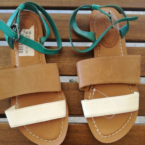 Clarks leather sandals new, tan with turquoise and white, size 39