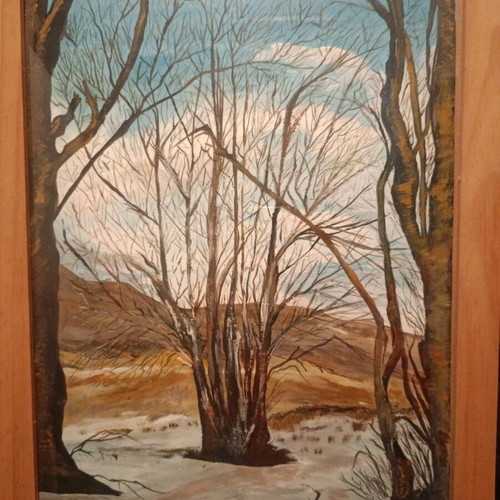 Painting Winter acrylic on paper with frame, like new