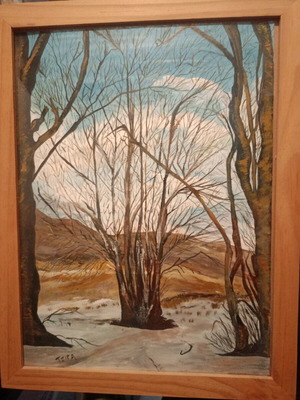 Painting Winter acrylic on paper with frame, like new
