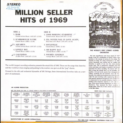101 Strings Million Seller Hits Of 1969 LP used, pop
