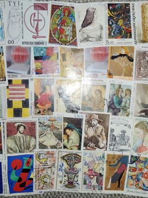 French stamps set of 50 different with paintings and arts, new
