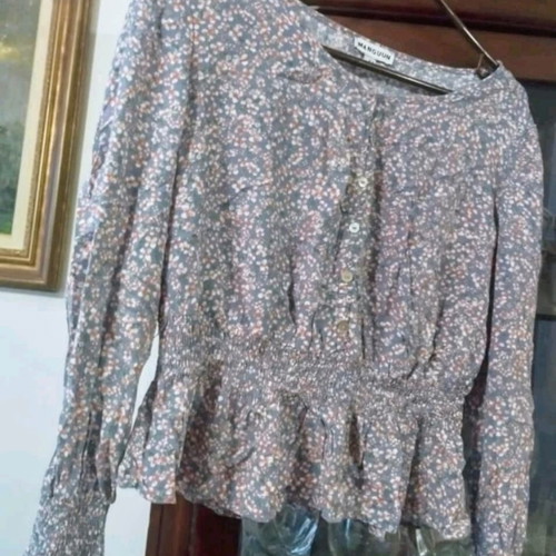 Blouse with shirring and front buttons used, multicolor, size M
