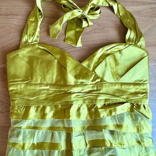 Lime satin dress like new, size S, halter neck with ruffles