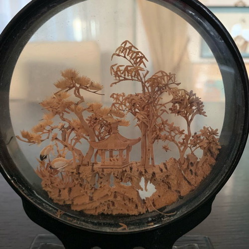Diorama micro-sculpture on cork used with wooden base and glass