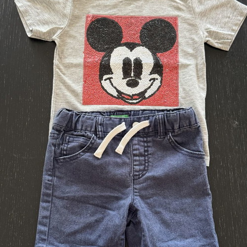 Mickey set with Benetton soft denim shorts and grey H&M T-shirt like new