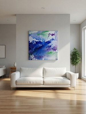 Project Neptune's Veil Deep Blue & Teal Fluid Acrylic Painting 70x70 cm new
