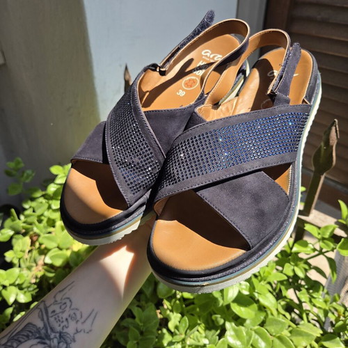 Ara high soft leather sandals with crystals size 39, like new, navy blue