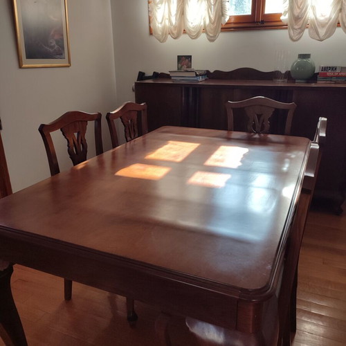 Walnut dining set with storage and 6 chairs