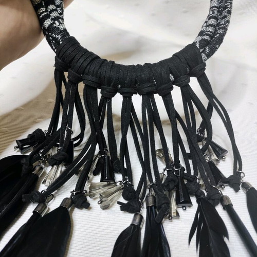 Necklace with feathers new, black and gray