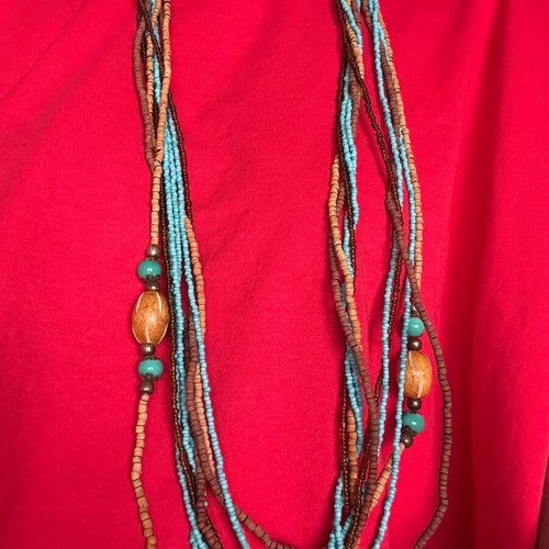 Women's long necklace from beads and wood like new, turquoise and brown