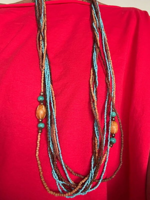 Women's long necklace from beads and wood like new, turquoise and brown