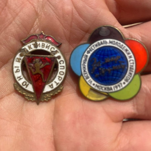Soviet commemorative pins used, vintage, set of 2 with enamel wear