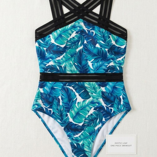 Exotic Leaf One-Piece Swimsuit new, tropical print with mesh details