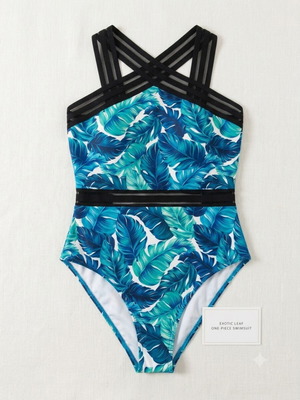 Exotic Leaf One-Piece Swimsuit new, tropical print with mesh details