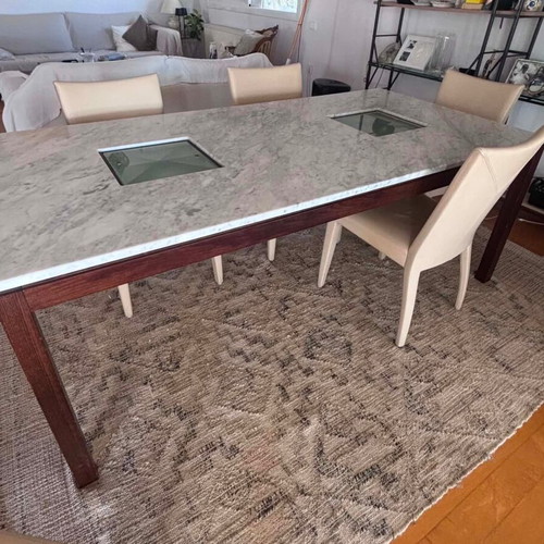Marble dining table with 8 leather chairs like new