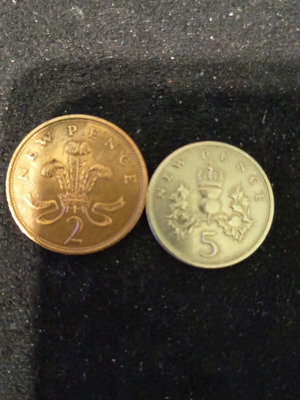 British coins like new, 2 and 5 New Pence from 1970s