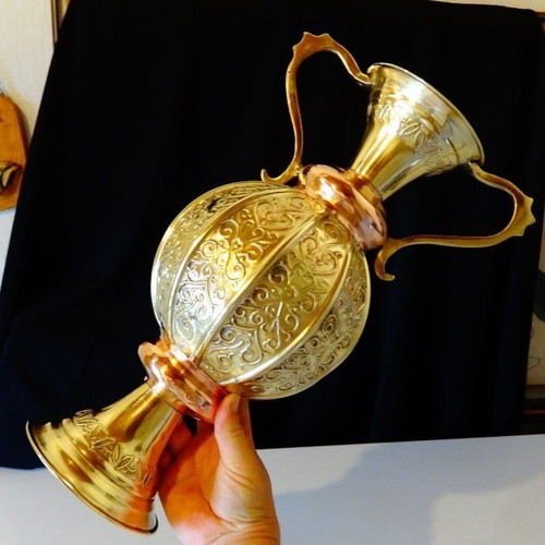 Antique copper amphora like new, handcrafted with relief ornaments