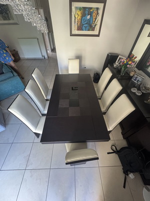 Dining table modern wenge color with glass detail and extension mechanism like new