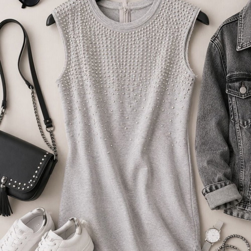 Sporty elegant dress with studs like new, light gray