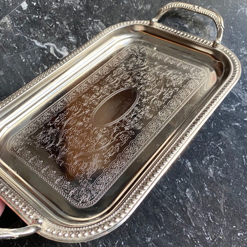 Silver antique tray used with engraved Twin Bird Japan motif