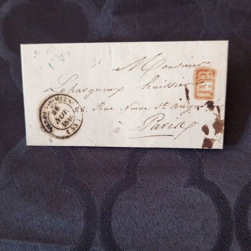 French letter of correspondence 1838 used with two stamps and extra orange mark